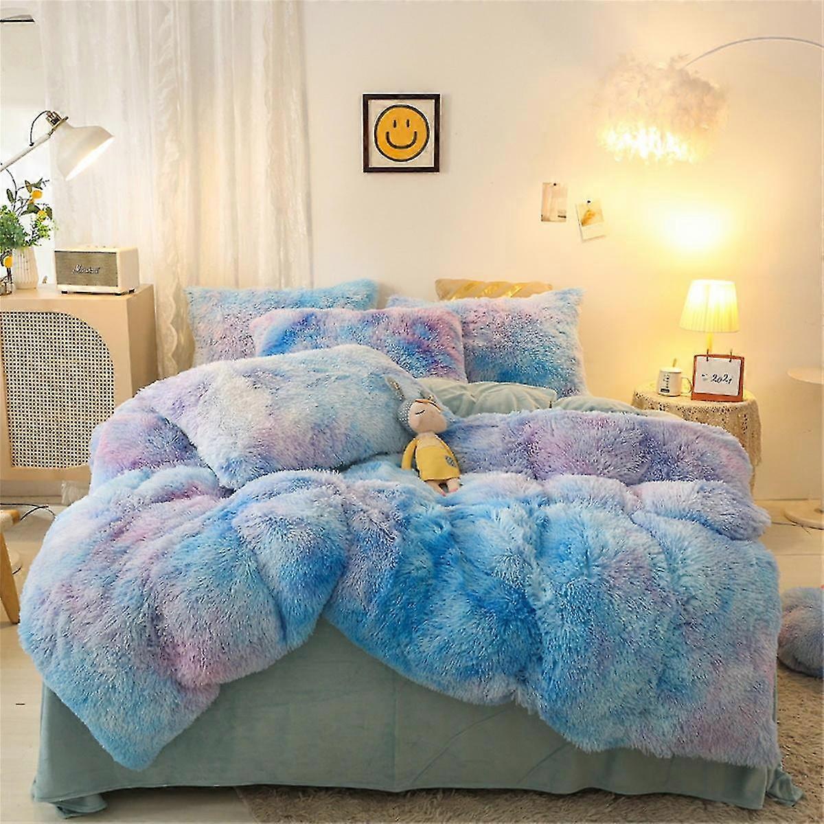 3 Piece Plush Duvet Cover Set - Faux Fur Bedding Set, Full Size, Ombre