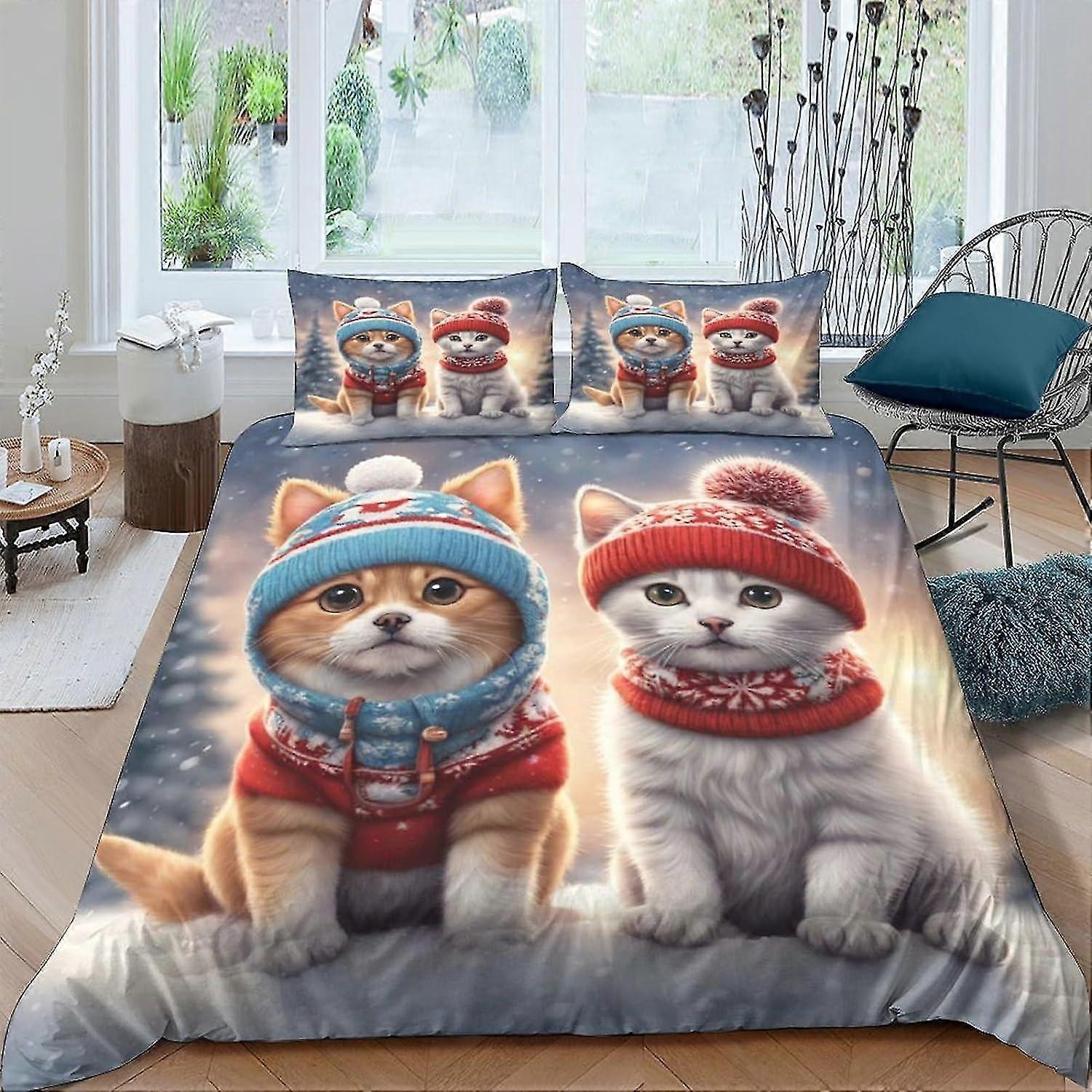 Cartoon Cat Duvet Cover Microfiber Bedding Set with Zipper Closure and Pillowcase, Winter Soft Design