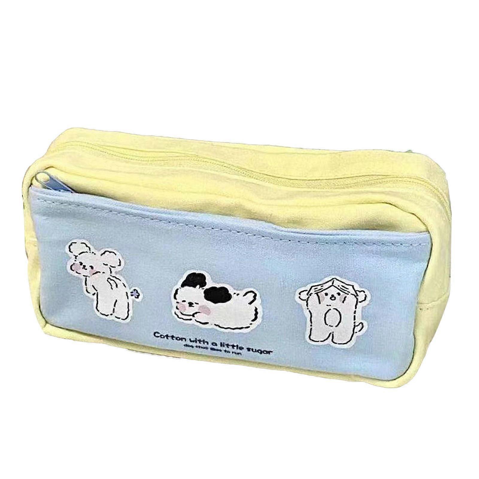 Large Pencil Case for School and Home, Blue Portable Canvas with High Capacity Multiple Compartments and Casual Style