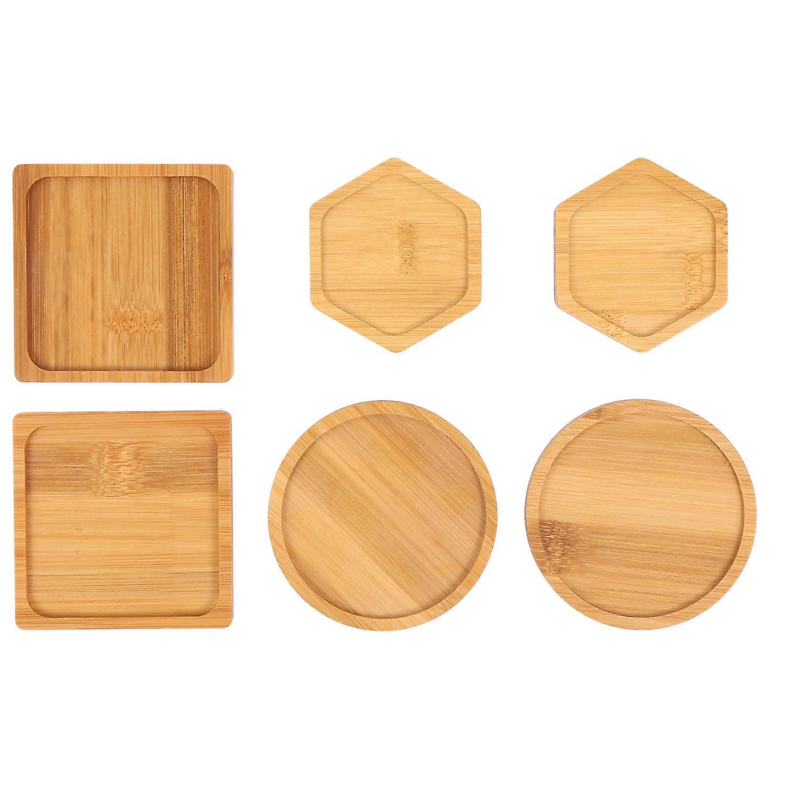 6pcs Bamboo Plant Saucers for Succulents & Flowerpots – Durable Drip Trays with Decorative Storage Design – Includes Teapot Coasters, 3 Styles