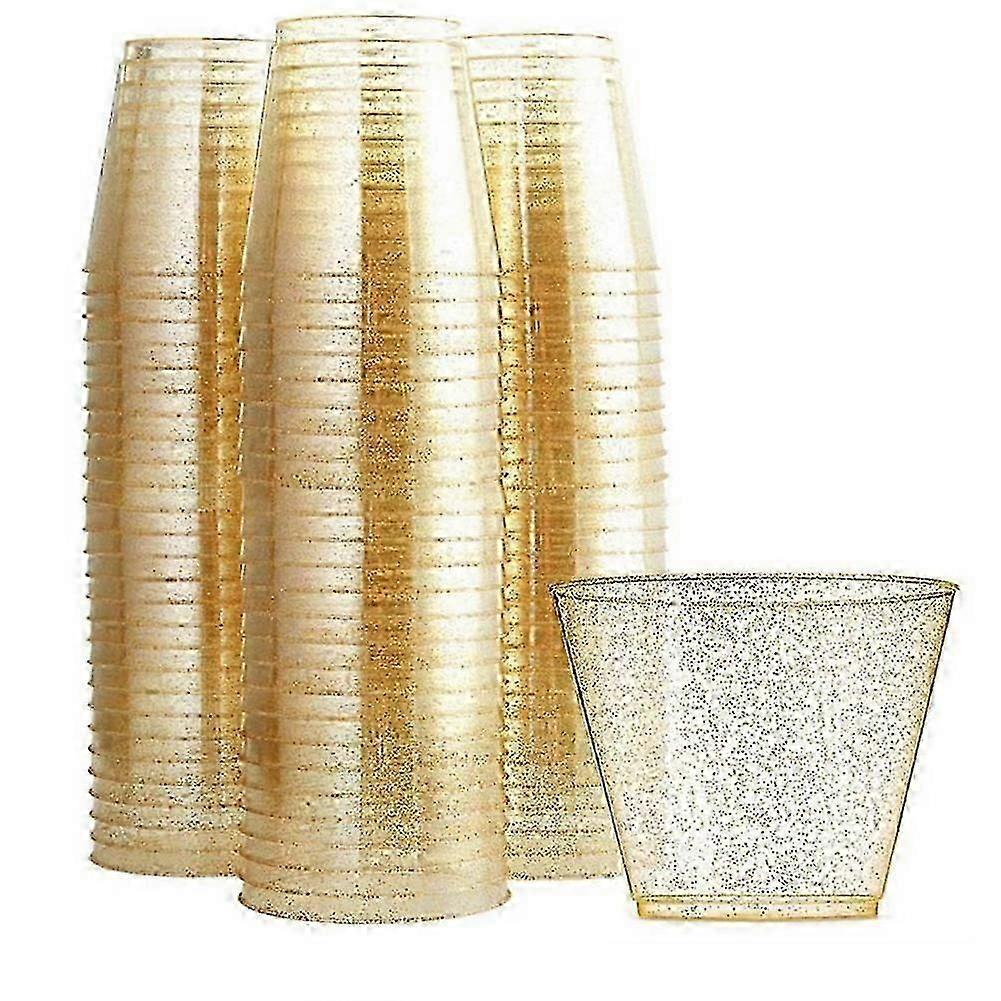 أكواب بلاستيكية ذهبية أكواب نبيذ بلاستيكية شفافة ، أكواب بلاستيكية صلبة يمكن التخلص منها مع بريق ذهبي لأكواب الحفلات 25 قطعة JN