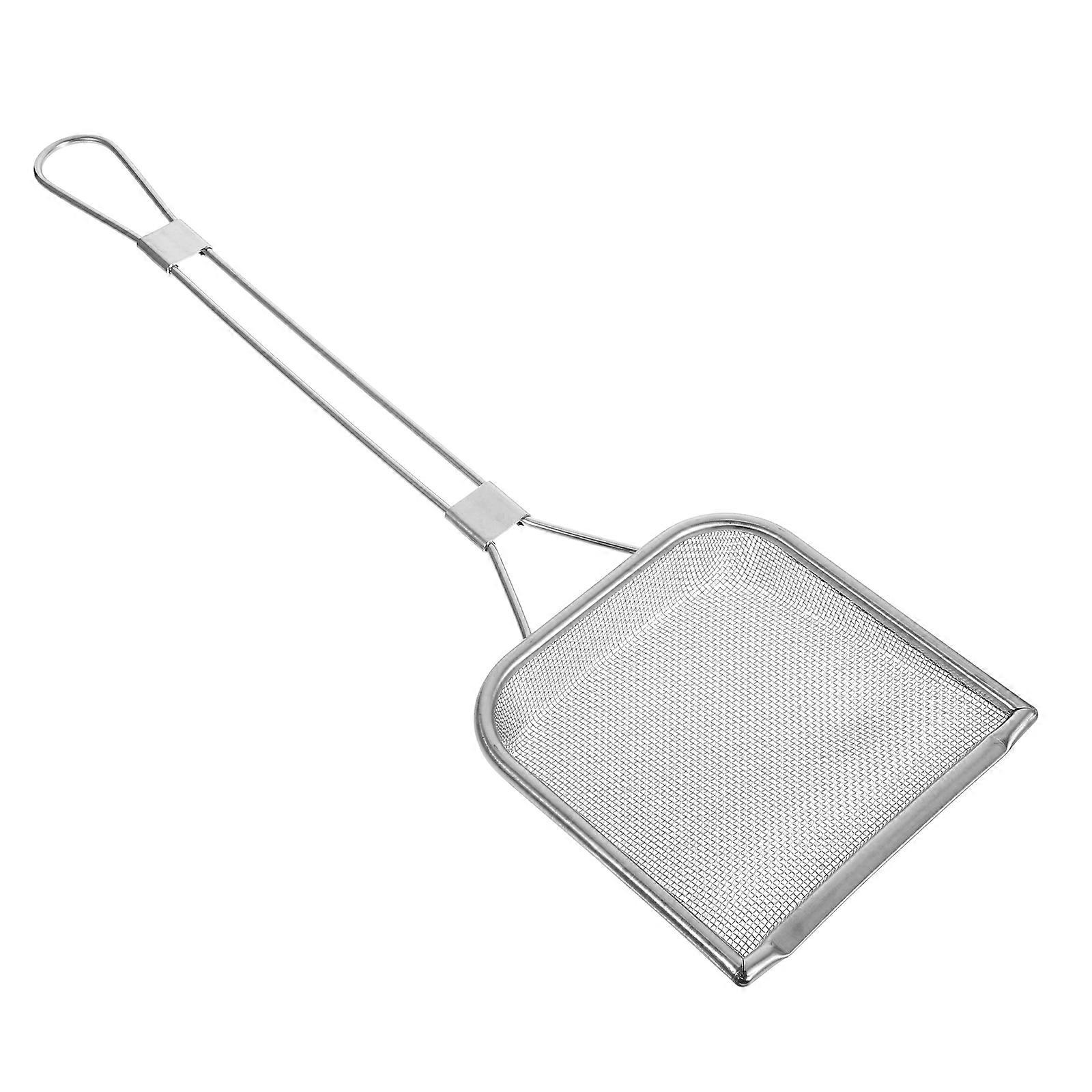 It sounds like you're describing a **stainless steel deep frying scoop**, also commonly known as a **mesh skimmer spoon** or **oil straining ladle**.