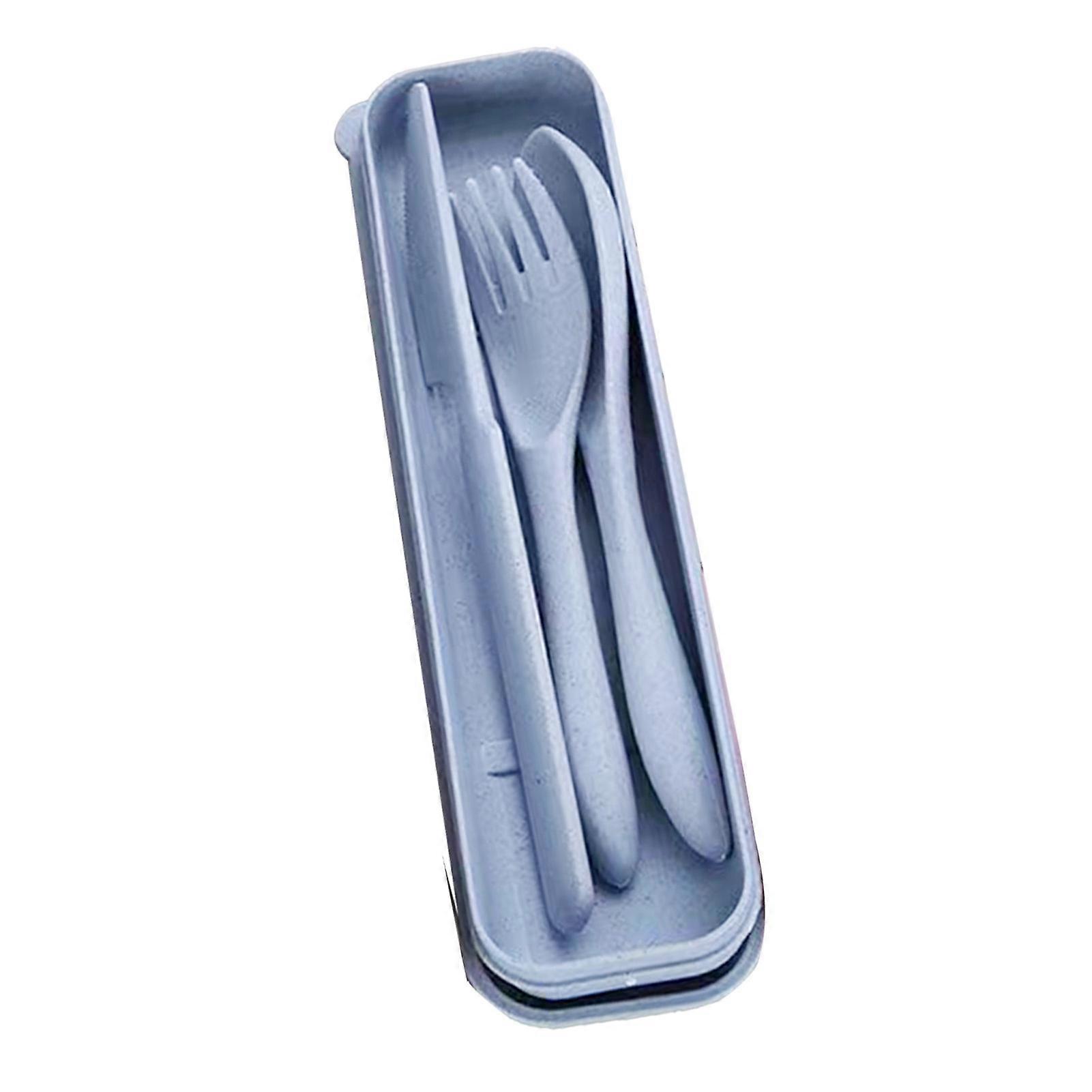 Wheat Straw Cutlery Set Modern Portable Fork Spoon Knife Tableware with Box for Office School Picnic Blue