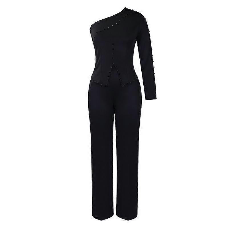 Spring and Autumn Women's Tops Pants Sets Slant Shoulder Beading OL Tongle Two Piece Large Size Suit