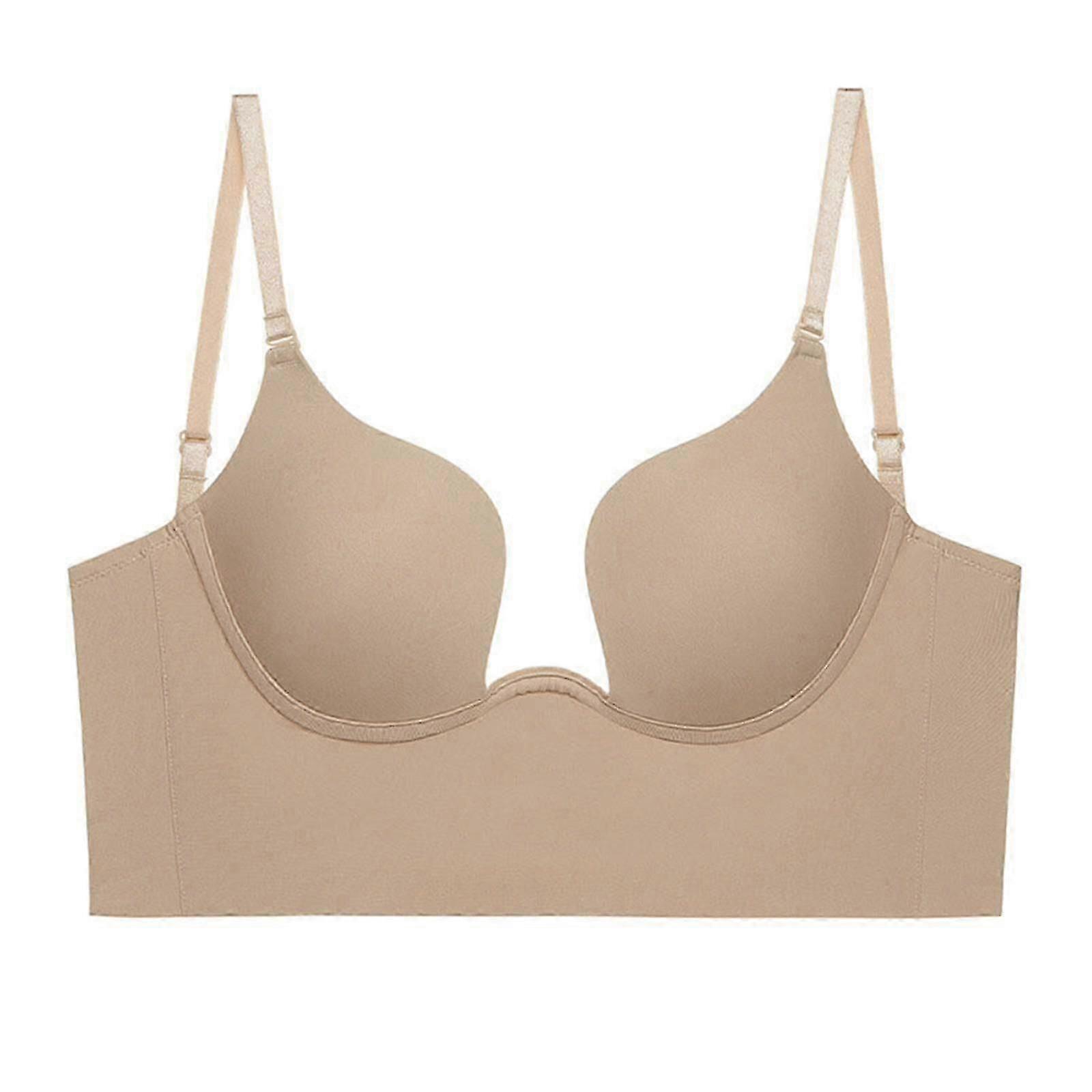 Women Low Cut Deep U Plunge Bra Padded Push Up V Shape Backless Longline Bras with Convertible Clear Straps