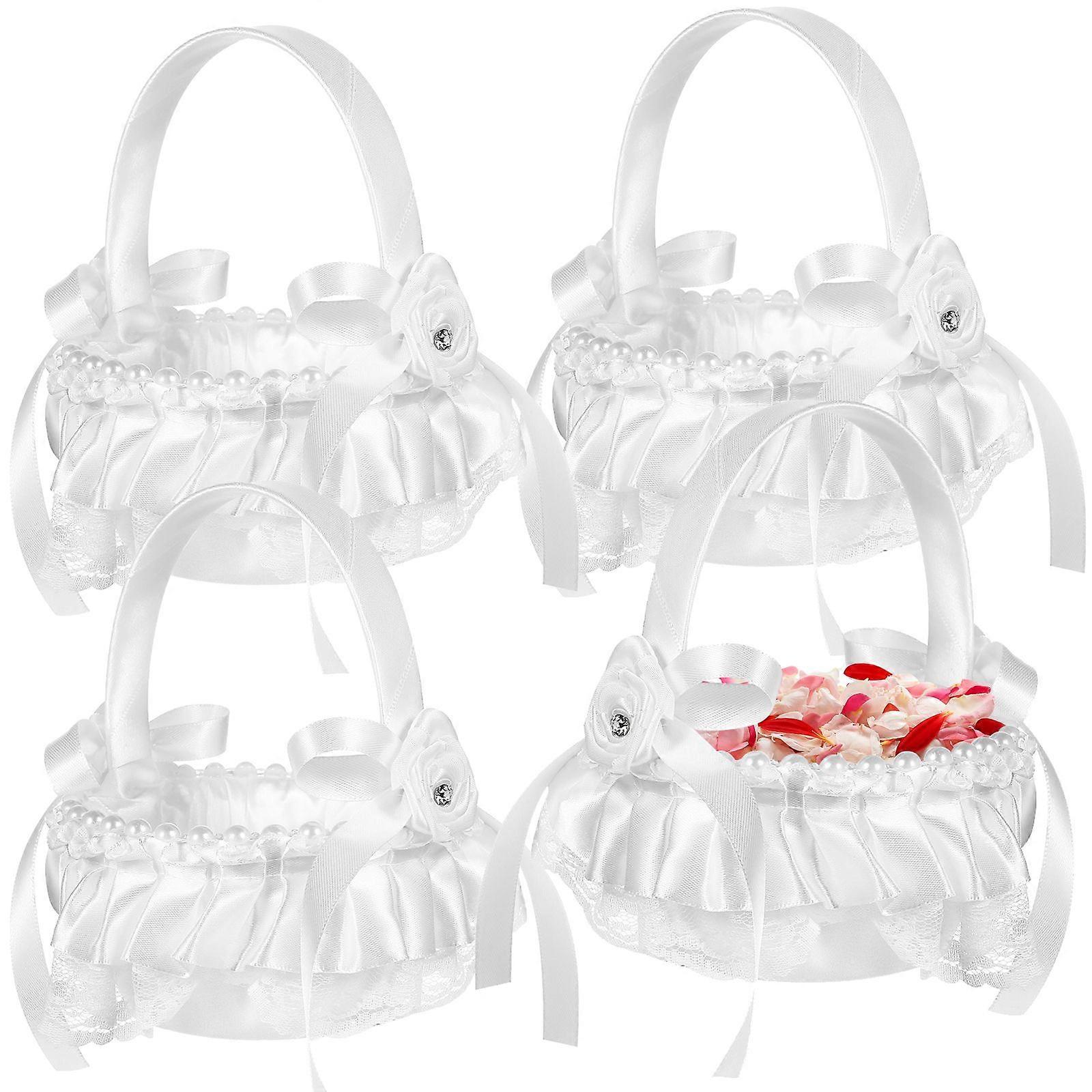 4 Pcs 꽃의 소녀 바구니 핸들 진주 장식 꽃 리본 매듭 새틴 꽃 바구니 결혼식