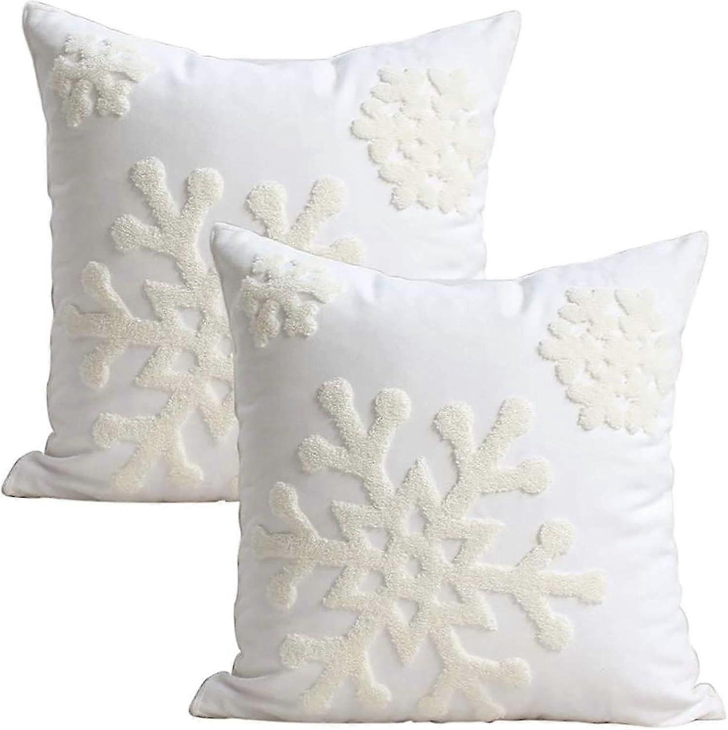 Soft Cotton Canvas Snowflake Design Pillow Covers with Embroidery - 18x18 Inch Decorative Cushions for Sofa & Bed (Set of 2)