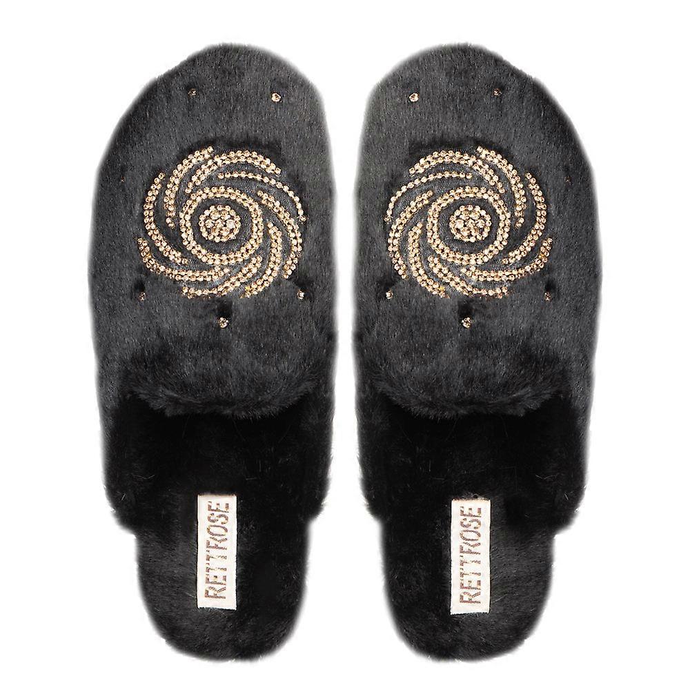 Morgan black luxury faux fur comfortable diamanté embellished women’s handmade slippers