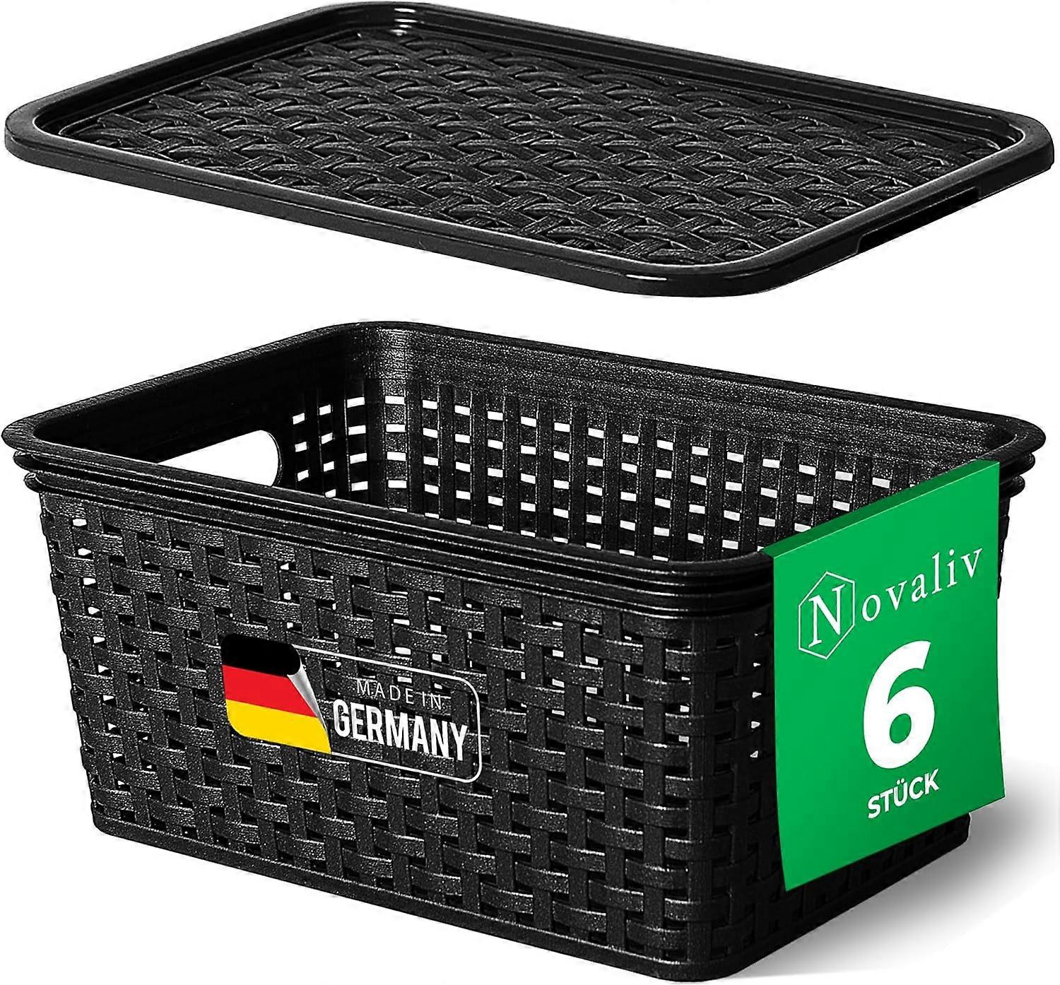Novaliv 6er Set Aufbewahrungsboxen mit Deckel Klein 5L Korb Schwarz in Rattan Design Lebensmittelech