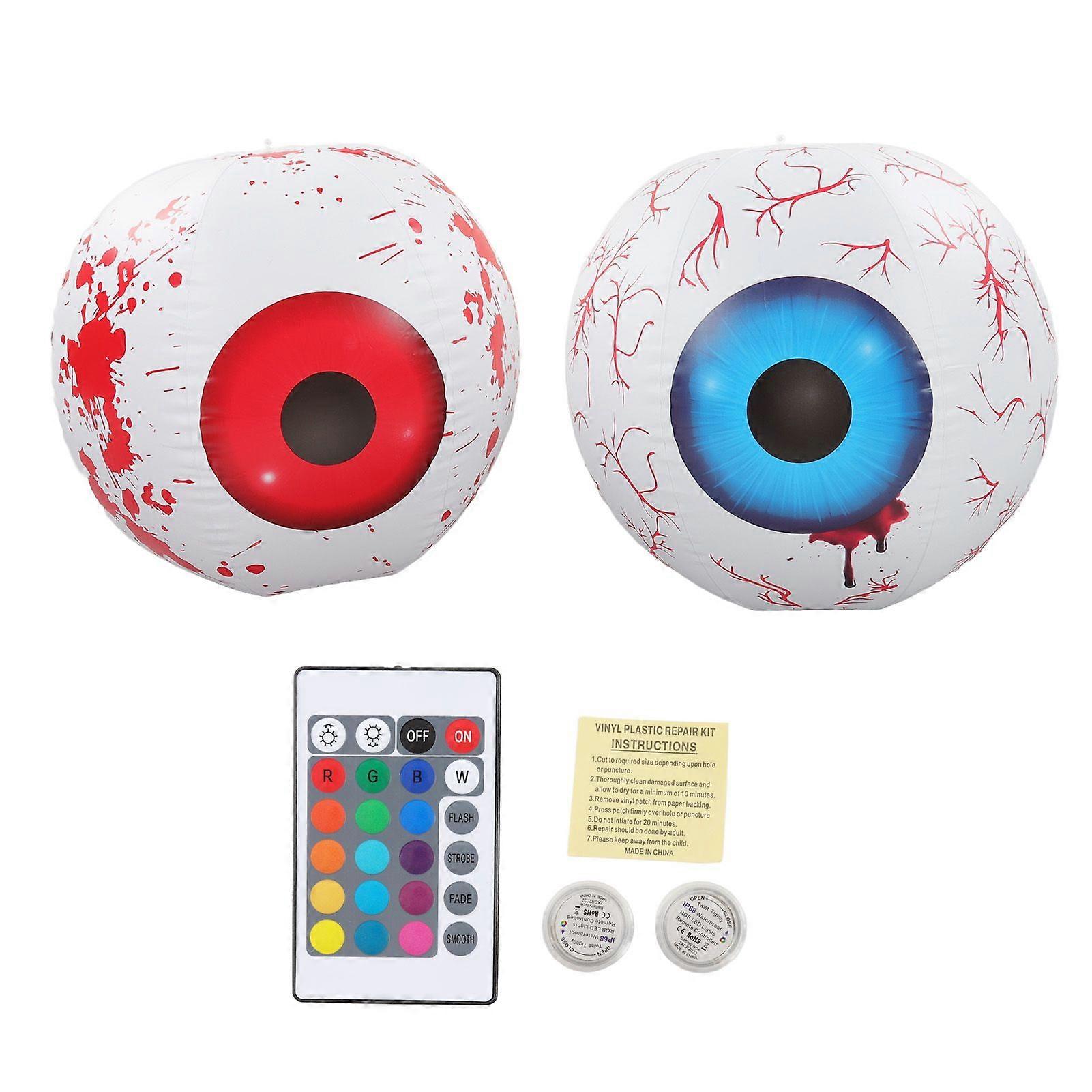 2PCS Terror Inflatable Decoration with 12 Color Adjustable LED Inflatable Eyeball Lamp For Halloween Party Blue and Red