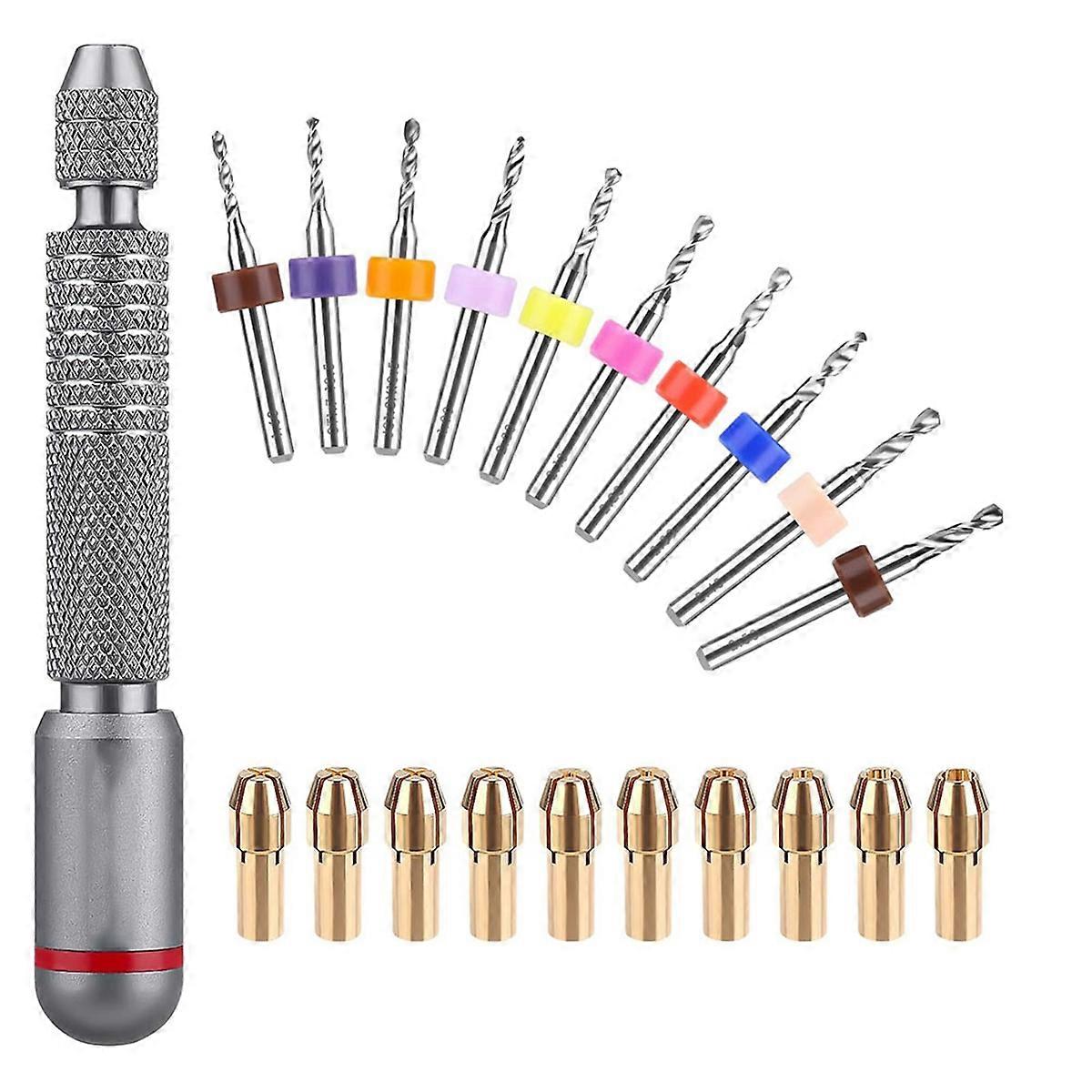 Hand Drill Bits Set - 10Pcs Metal Mini Pin Vise Hand Drill Bits&10Pcs Micro-Type Chuck Collet for Jewelry Making Carving