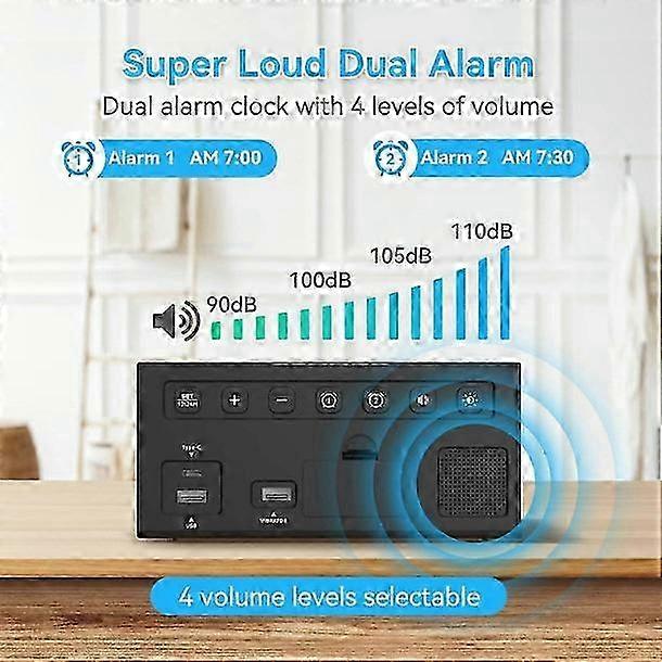 Vibrating alarm clock for deep sleepers, loud alarm, large numbers, 5 brightness levels (black and blue) 2025