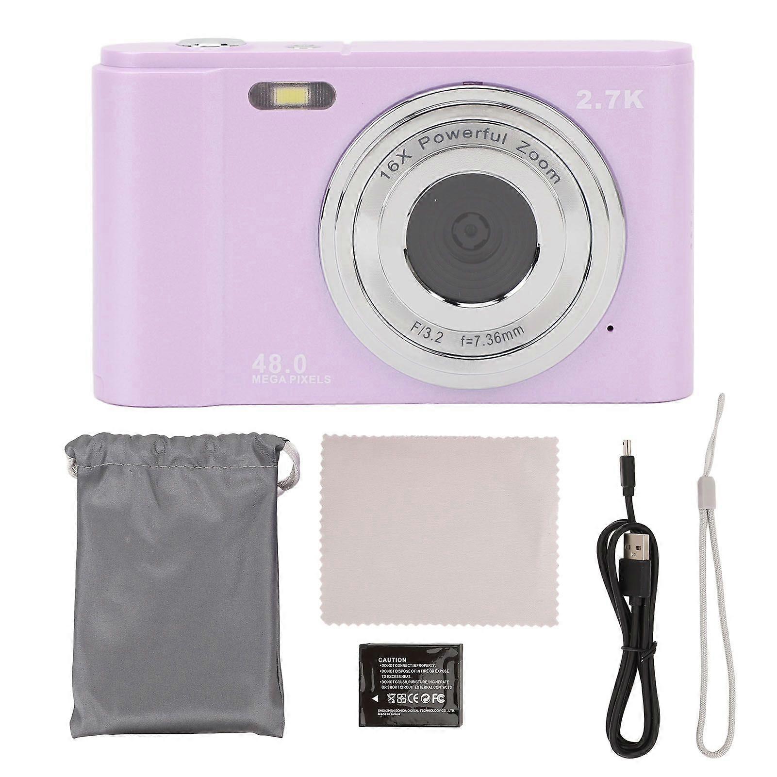 Digital Camera 48MP HD 16x Zoom 2.7K Vlogging Compact Camera for Home and Travel Light Purple