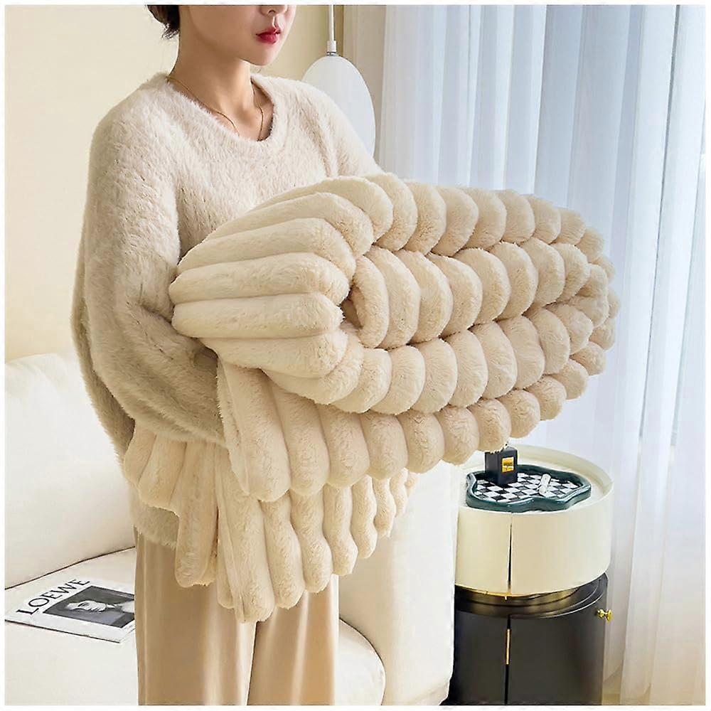 Soft Fluffy Throw Blanket Fleece Blanket Rabbit Plush Double Thickness 150x200cm Creamy White