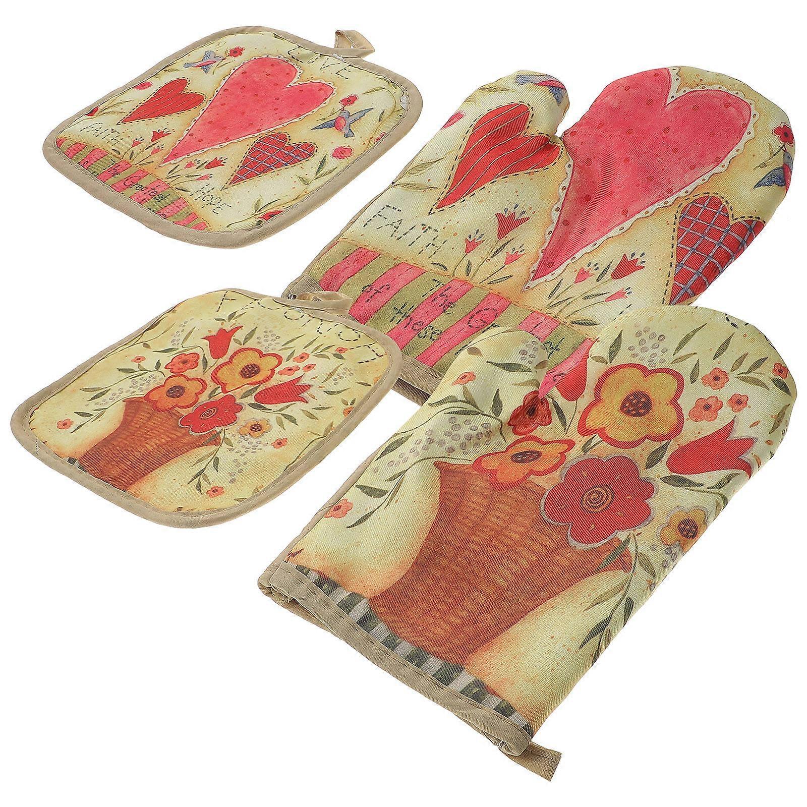 Heat Resistant Oven Mitts Pot Holders For Kitchen Home Kitchen Baking Cooking 2 Sets Polyester