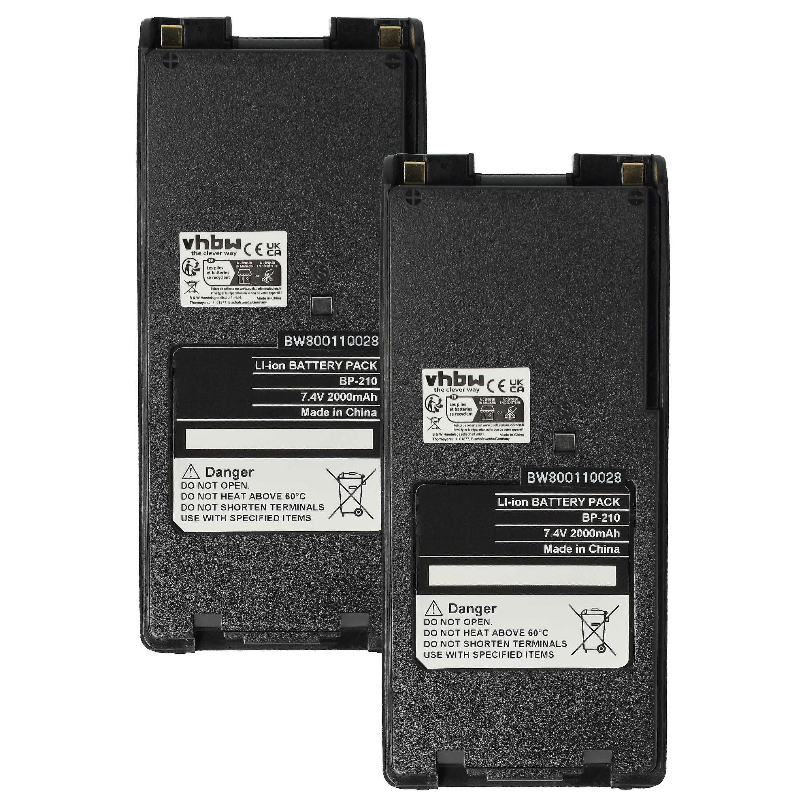 vhbw 2x Akku kompatibel mit Icom IC-A24, IC-F11, IC-F11BR, IC-A6, IC-A6E, IC-A24E Funkgerät, Walkie Talkie (2000 mAh, 7,4 V, Li-Ion) + Gürtelclip