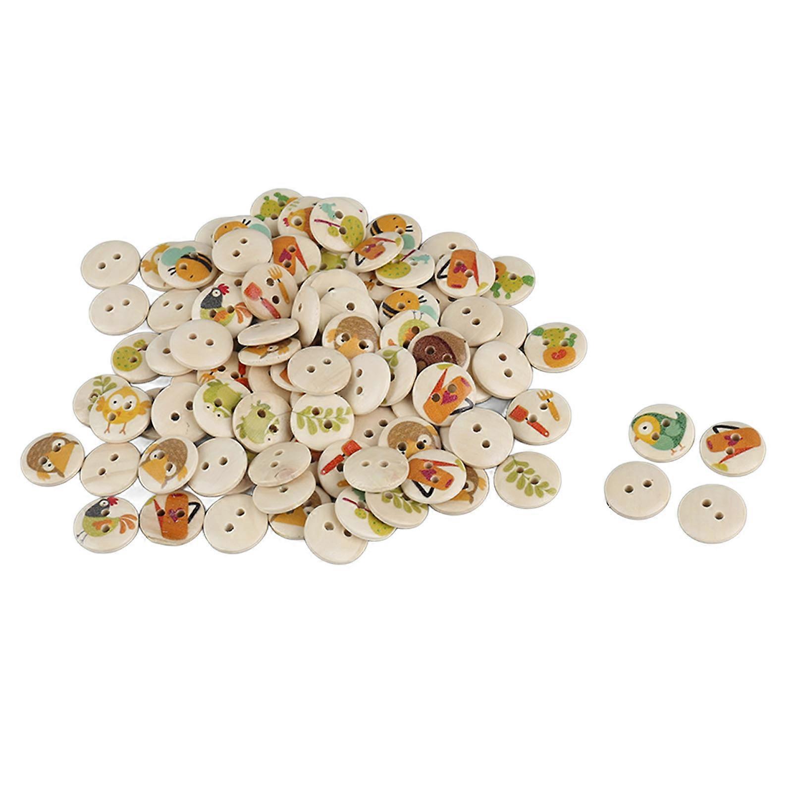 100pcs Mixed Printing Wooden Buttons 2 Holes Round Decorative Wooden Buttons for Sewing Craft Log Color Countryside 