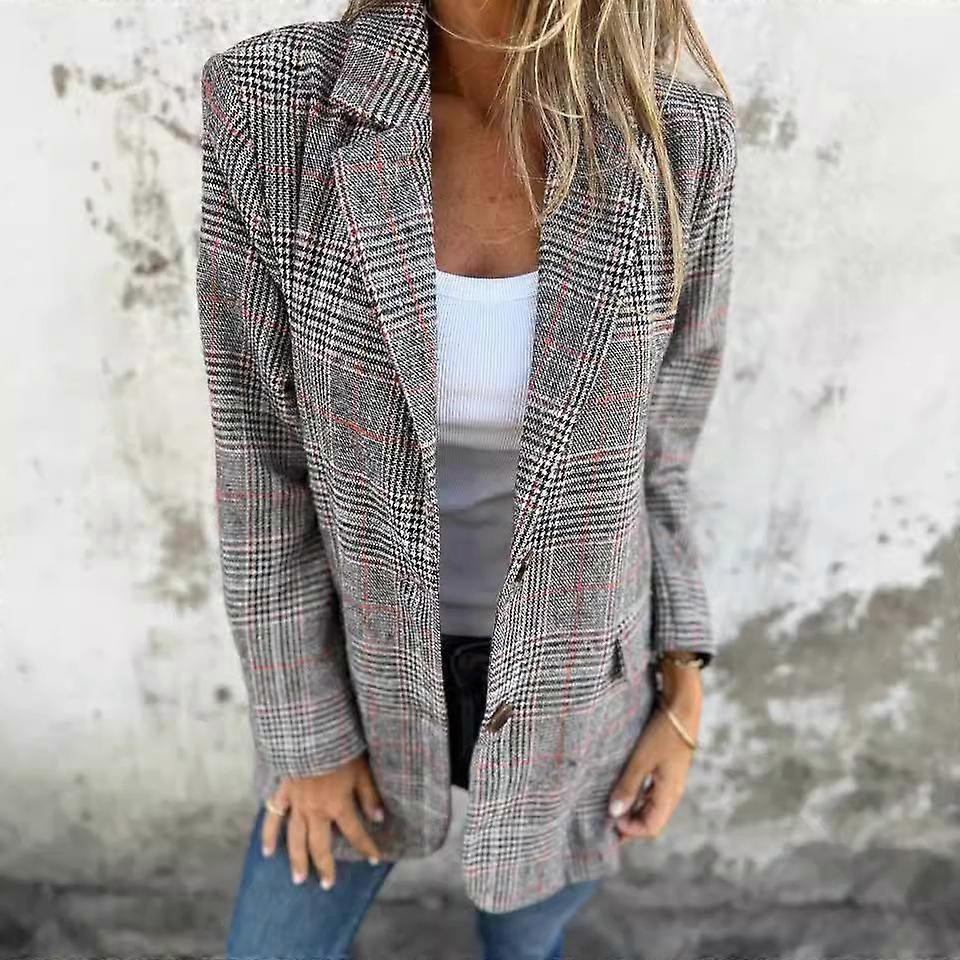 Women's Oversized Checkered Blazer Jacket Casual Outfit