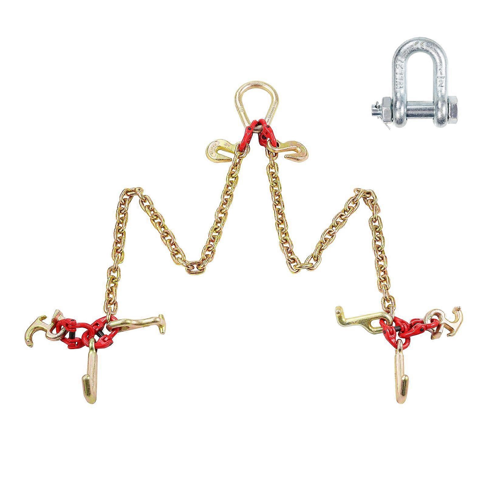 G80 V Bridle Chain, 5/16" x 3' Towing Chain Bridle with R Hooks, T Hooks, J Hooks and Grab Hooks, for Flatbed Truck Wrecker Recovery