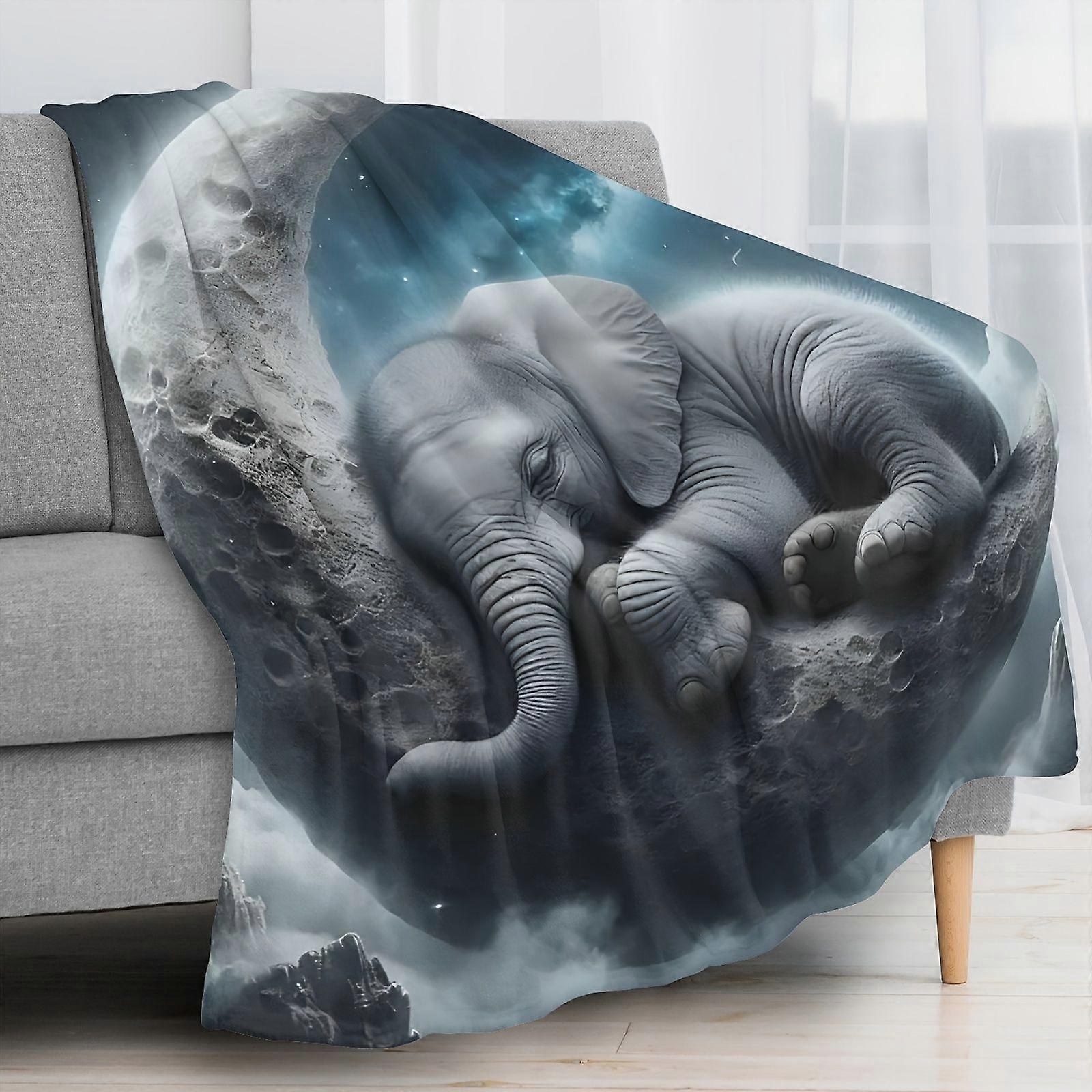 [Luxury Flannel Blanket] Soft, Warm, Lightweight Flannel Blanket with Elephant Sleeping on the Moon Pattern - Machine Wa-qweui149