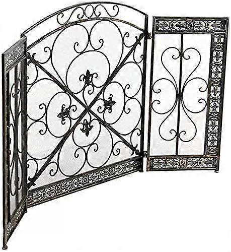 Adjustable 3 Panel Wrought Iron Fireplace Screen Guard for Large Fireplaces with Safety Grid Protection