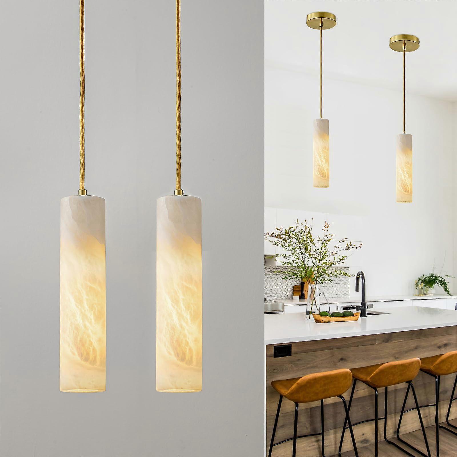 Modern Alabaster Pendant Light with Handcarved Shade, Adjustable Hanging Marble Lamp 2 Pack White