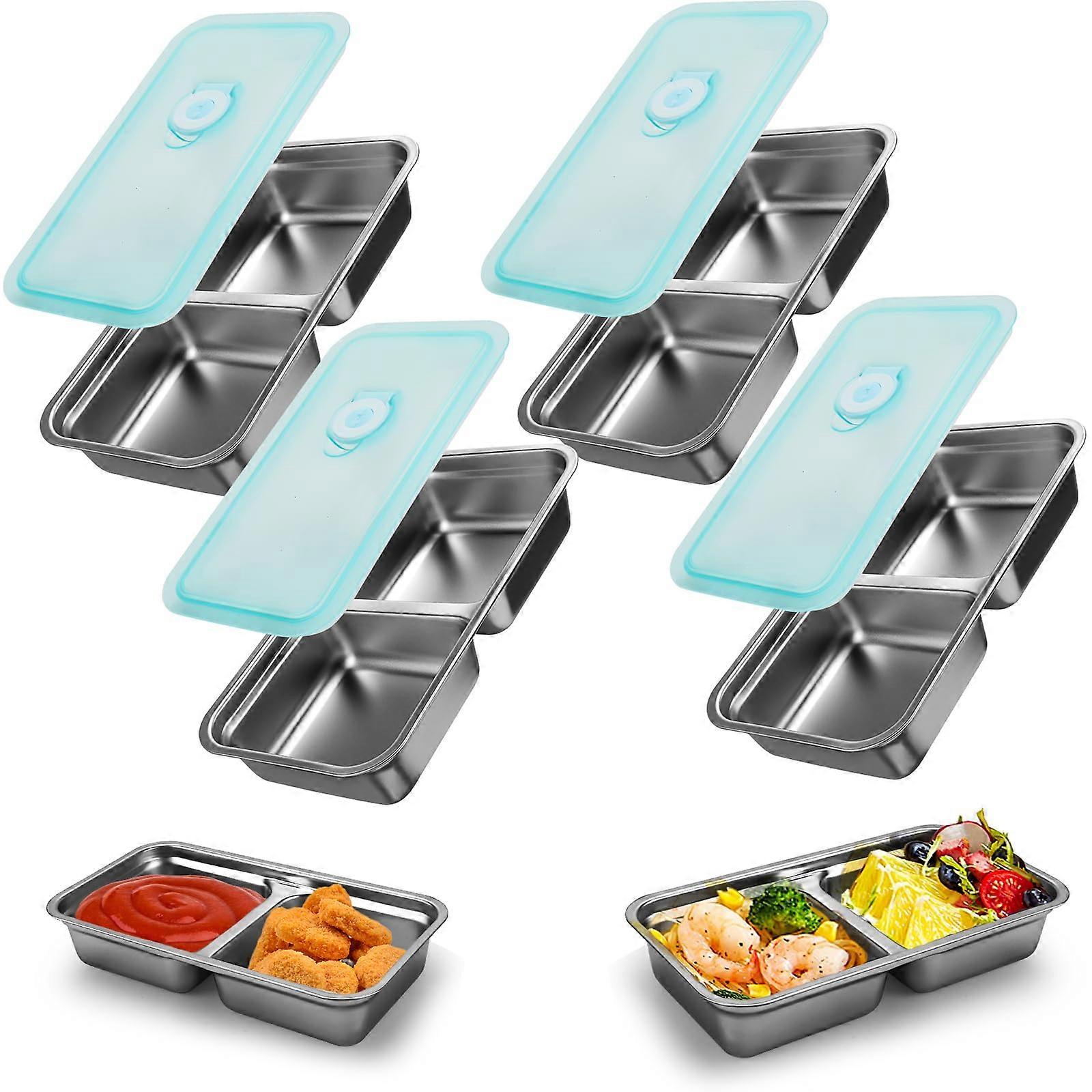 Stainless Steel Snack Containers with Lids, Leakproof 2 Compartment Reusable Food Storage, 4 Pack
