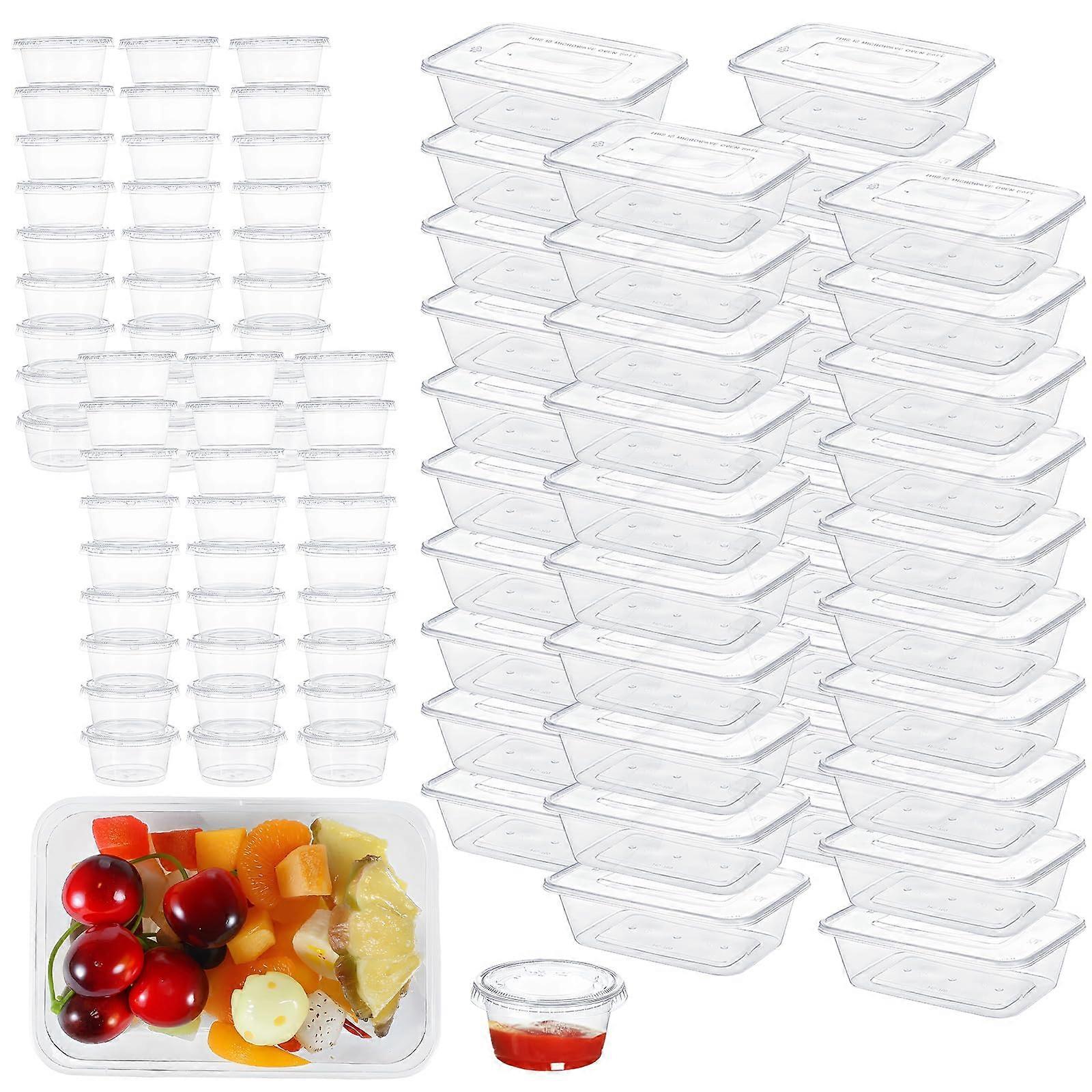 100 Set 25oz Disposable Food Storage Containers with Airtight Leakproof Lids and 2oz Portion Cups