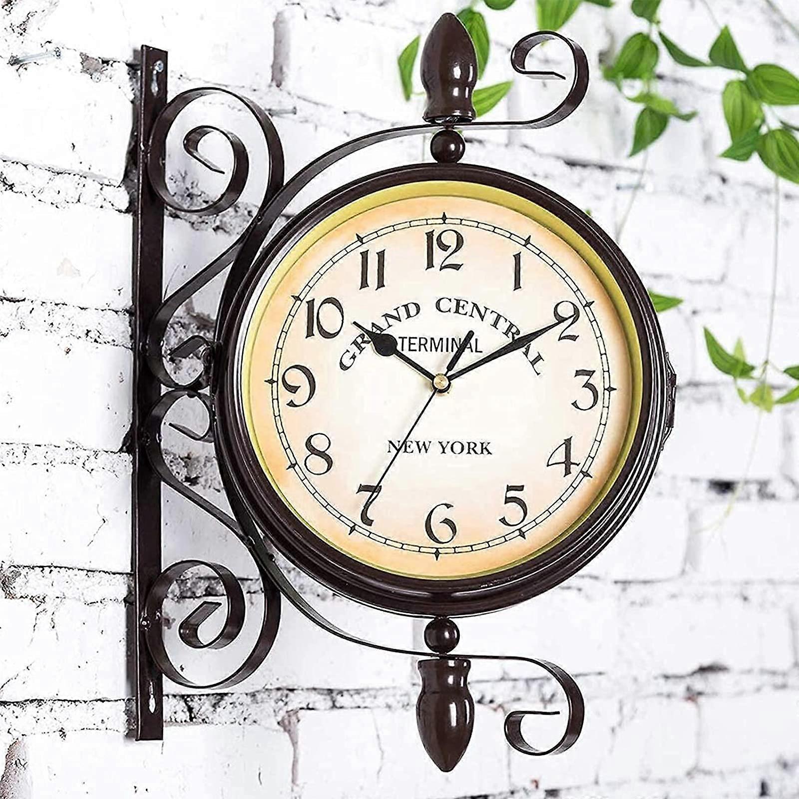 Outdoor Garden Clock Weatherproof Double Sided Rust Resistant Wrought Iron with Bracket
