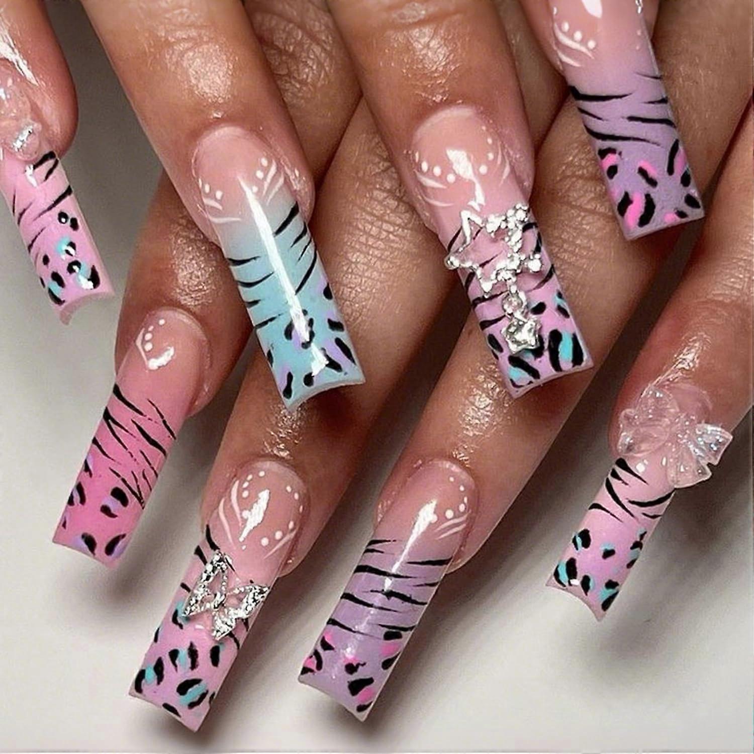 Coffin Press On Nails with Rhinestones Leopard Print 3D Bow Glossy Reusable Set 24Pcs