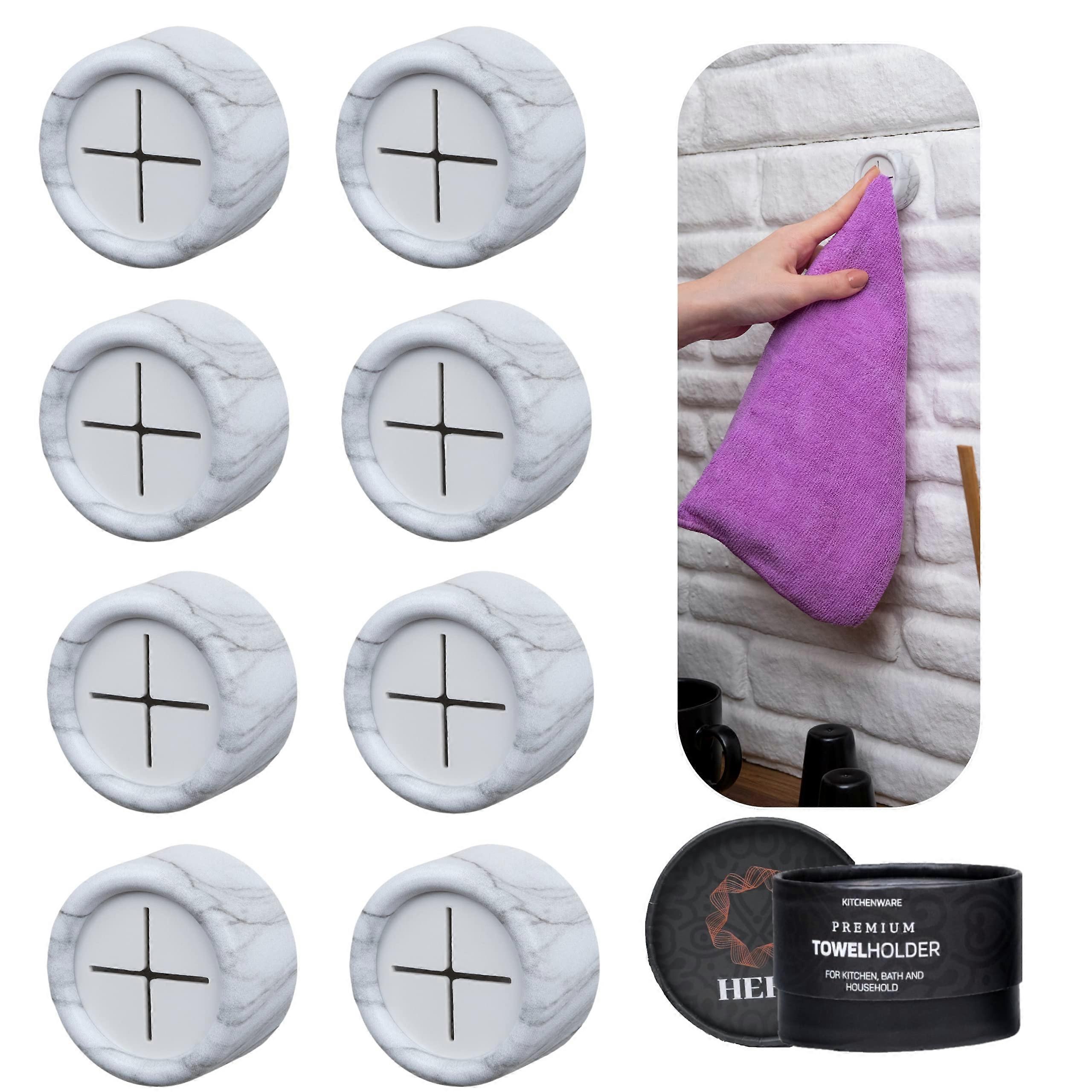 Kitchen Towel Holder with Secure Grip, SelfAdhesive Hooks for Kitchen and Bathroom, 8 Pack White Marble