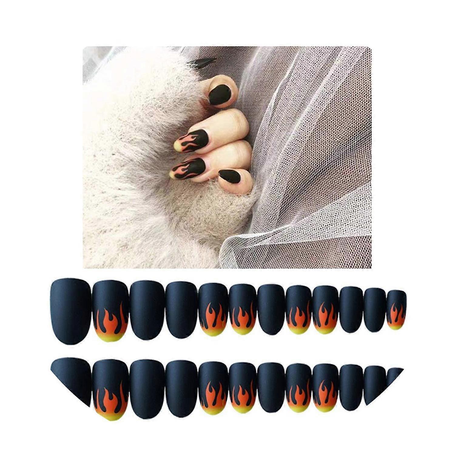 24pcs Matte Black Flame False Nail Tips Short Round Full Cover Acrylic Press On Nails