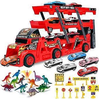 Car Transporter Truck with 6 Mini Metal Cars 12 Dinosaur Truck Toy for Kids Boys Girls - Red