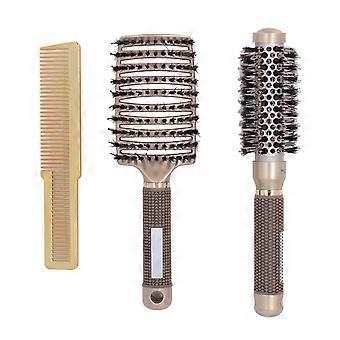 3-Piece Hair Brush Comb Set, Vent Brush, Round Brush and Flat Comb for Home and Salon Use