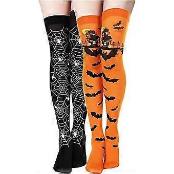 Halloween Damen Oberschenkel Strümpfe Schwarz und Kürbis Spinnennetz Fledermaus Oberschenkel hoch Lange Strümpfe Over Knee Socken Frauen Halloween Cosplay Kostüm Teil