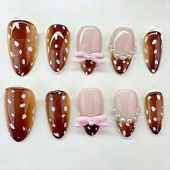 24pcs Autumn Brown Almond Press on Nails with 3D Bow Pearl French Tips, Short Fake Nails for Women