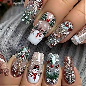 Christmas Press On Nails Set White Snowman and Tree Design Glossy Acrylic Coffin Fake Nails