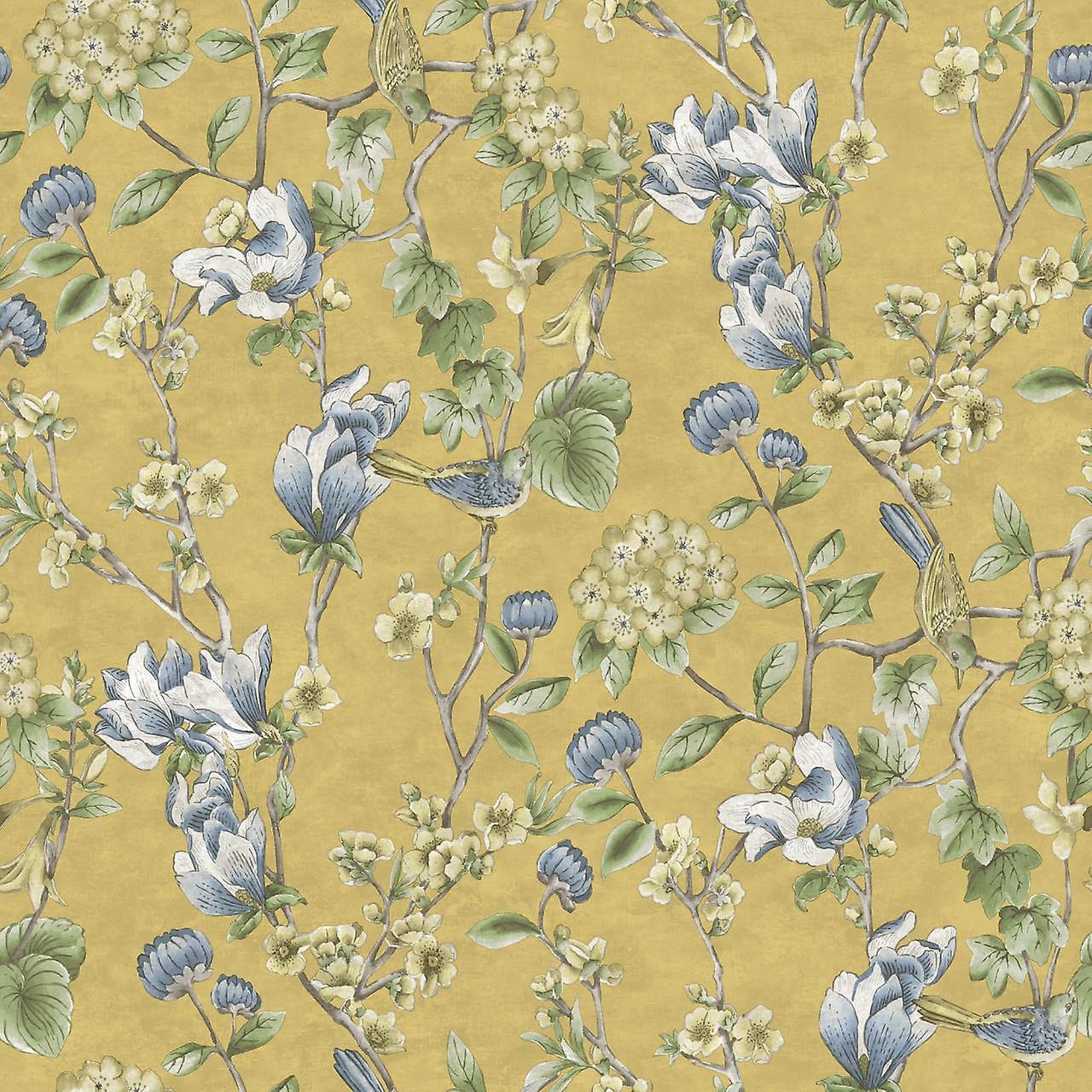 Ochre Floral Bird Trail Wallpaper
