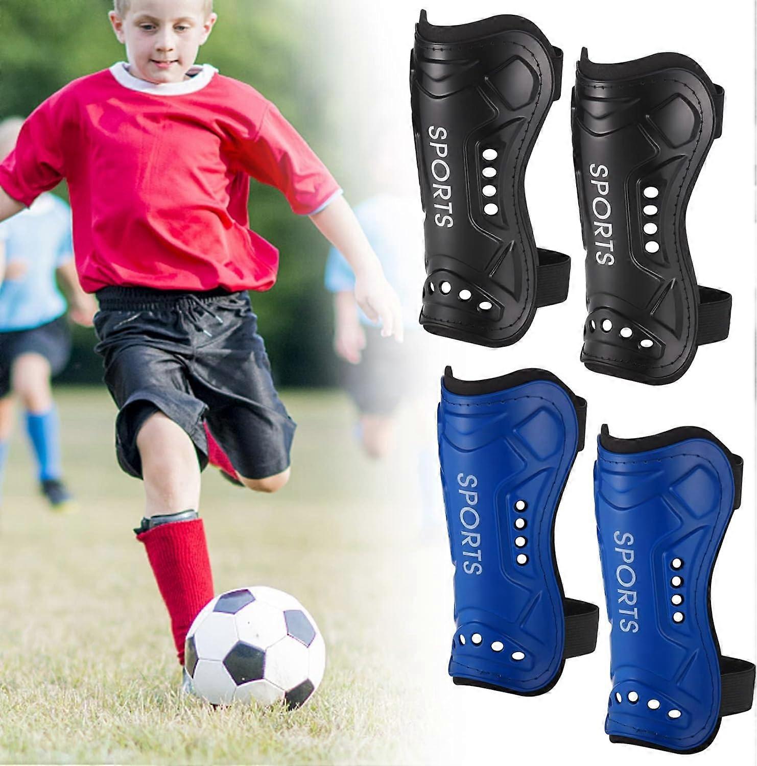 2ペアのすねパッド男の子、軽量キッズすねパッド保護具、通気性のあるサッカーすねガード、子供向け青年初心者ブラック&ブルー(4-7歳)S
