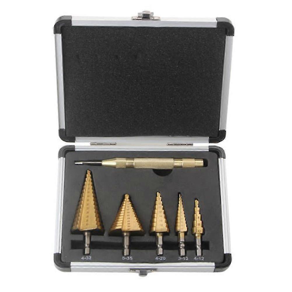 5PCS Step Drill Bit Set, HSS Drill Bits, Automatic Center Punch, Shaped Split Tip, W/Aluminum Case