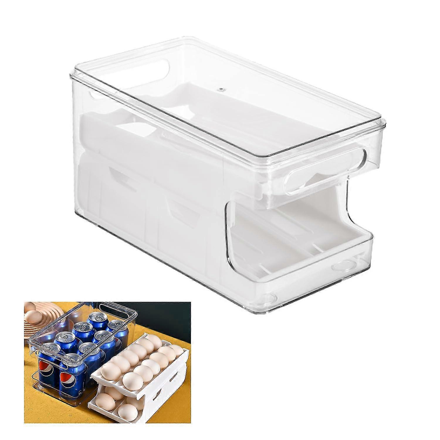 Egg Storage Fridge Automatic Rolling, Double Layer Egg Holder Storage for Kitchen Plastic with Removable Lid, Stackable Shockproof  Dispenser Fridge
