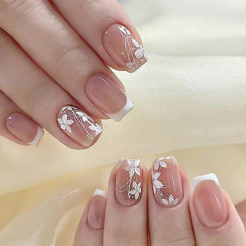24 Pcs Spring Square Press on Nails Short Medium French Fake Nails