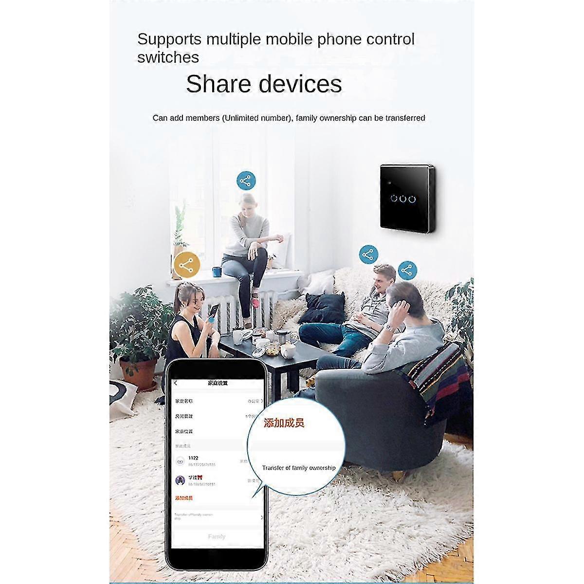 Tuya Wifi Smart Switch Touch Light Switch Zero Fire Line 3 Switch Black