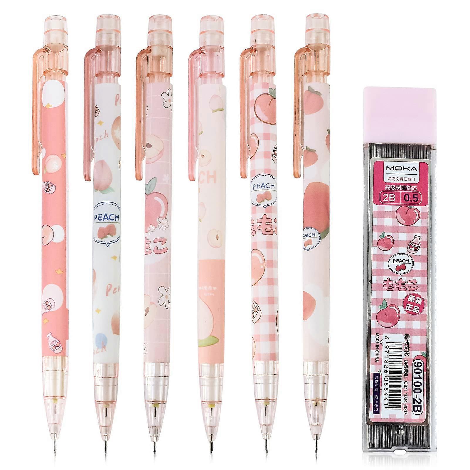 6Pcs Mechanical Pencil Set 0.5mm HB Automatic PencilPink