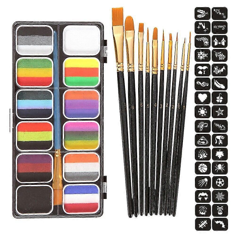 Rainbow face paint kit colorful face body palette lasting makeup effect with 10 brushes 4 sheet stencils halloween themed party