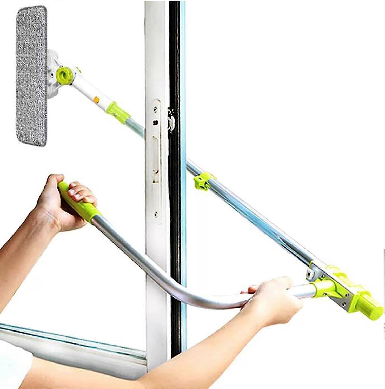 Window cleaner with smart angle extendable telescopic handle and double-sided exterior window squeegee