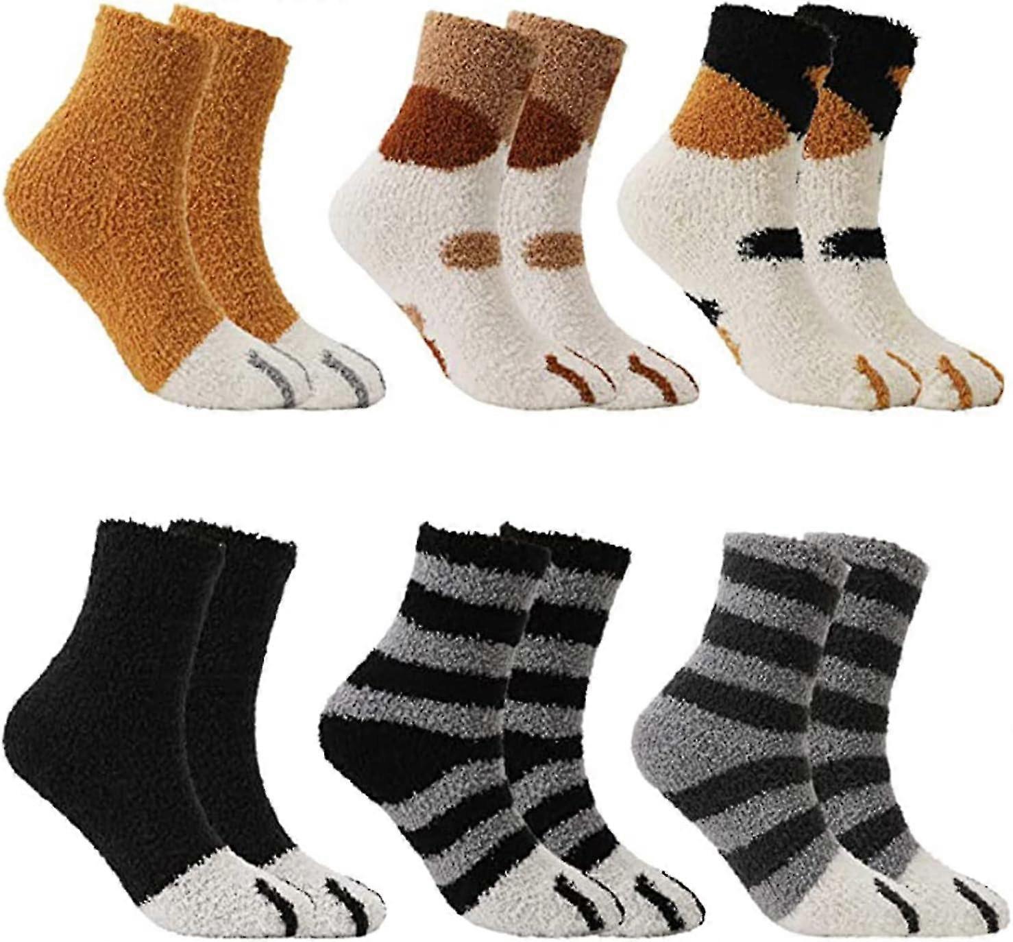 6 Pairs Fluffy Socks - Slipper Socks With Cat Claw Design