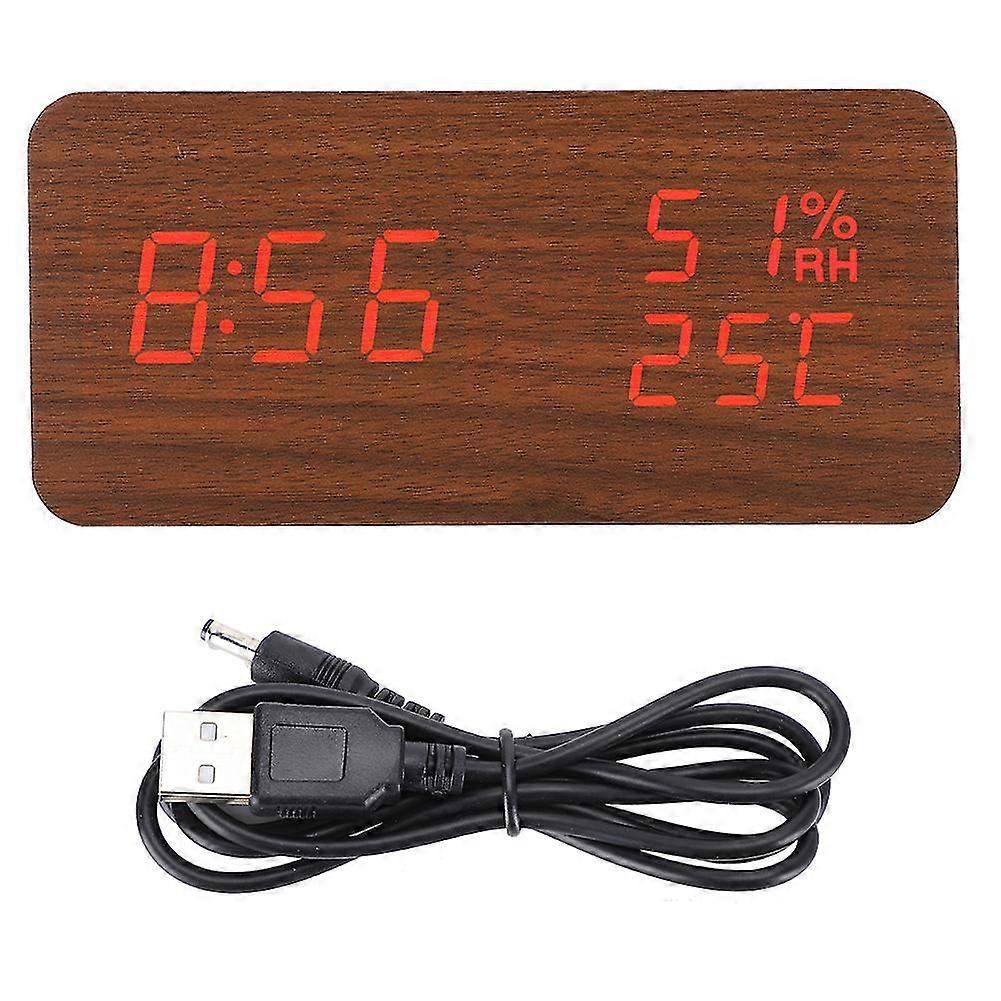 Wooden Digital Alarm Clock with Voice Control Red LED Light - Rectangular Brown Wood Desk Clock