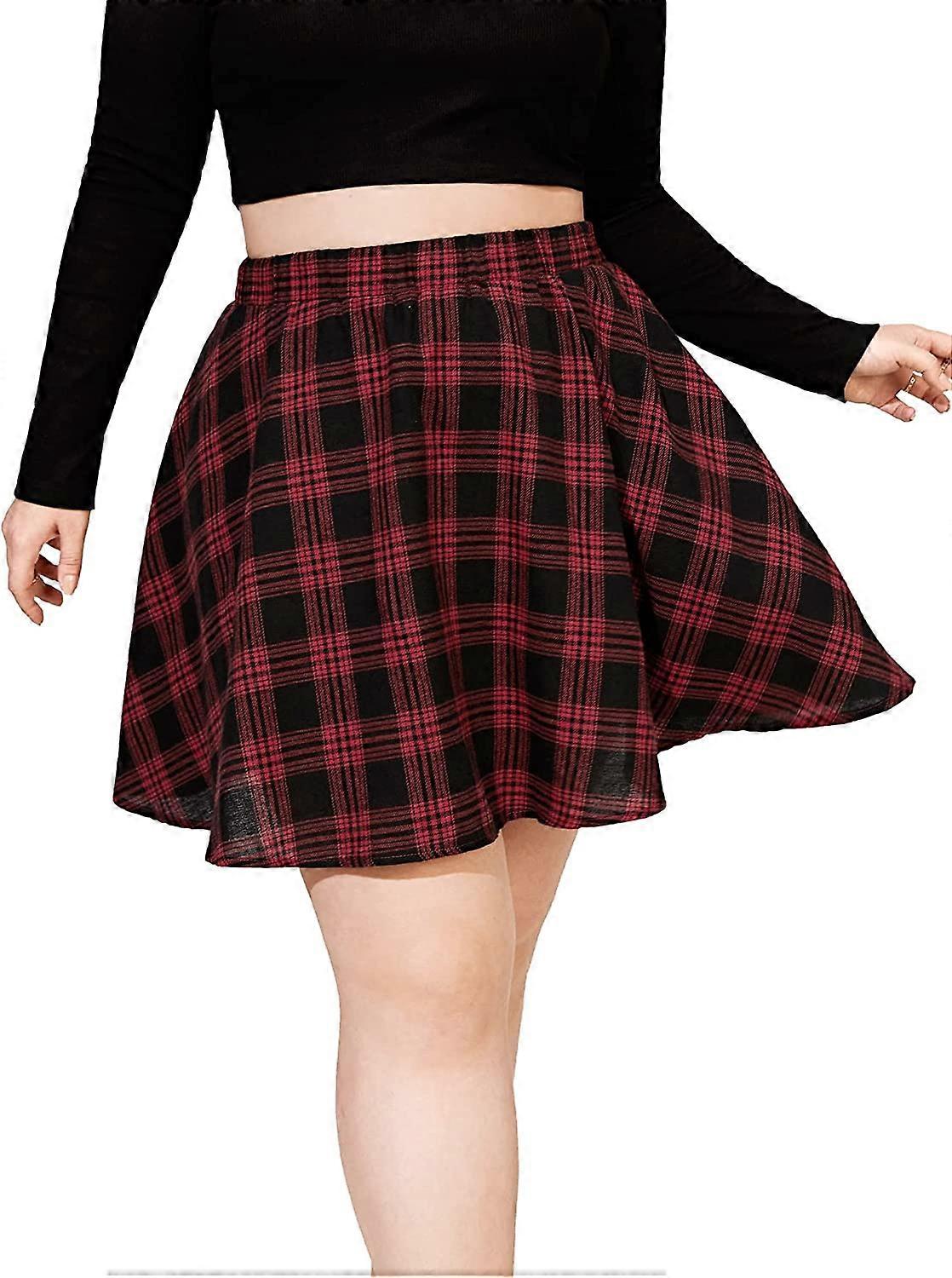 Women's Plus Size Plaid Skater Skirt Elastic High Waisted A Line Swing Short Skirts S-2XL