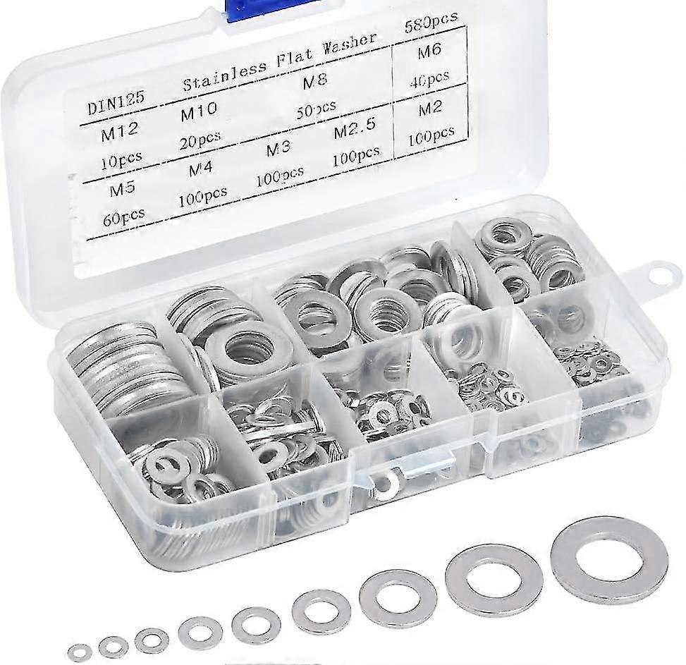 580pcs Stainless Steel Flat Washers Set, 9 Sizes Metal Washers Assorted Washers Kit